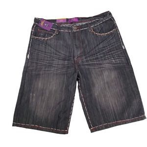 Atti Mens Denim Shorts Black Whiskered Thick Stitch Embellished Pockets 40 New